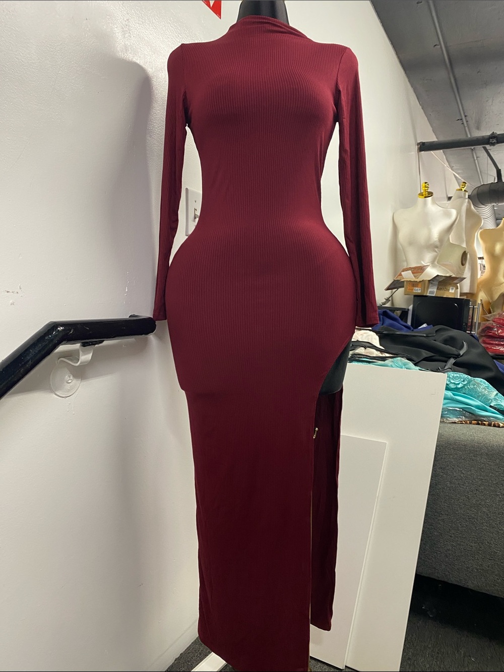 Long Sleeve Burgundy Ribbed Maxi Dress with Side Slit